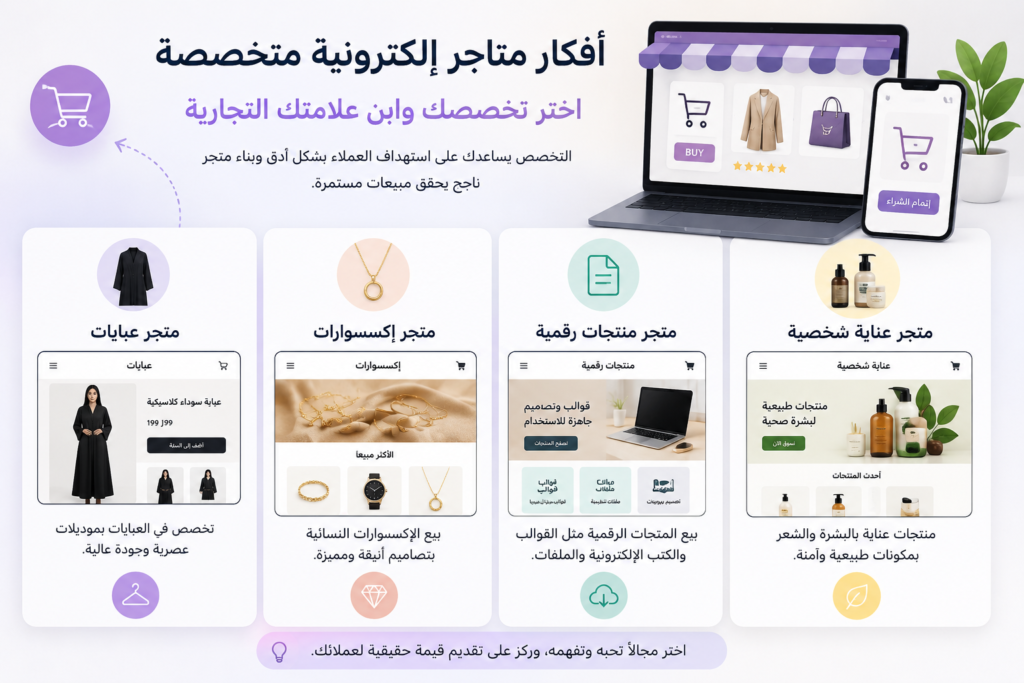 تصميم يوضح عدة أفكار لمتاجر إلكترونية متخصصة تشمل متجر عبايات، ومتجر إكسسوارات، ومتجر منتجات رقمية، ومتجر عناية شخصية، لتوضيح أهمية اختيار تخصص واضح عند بدء مشروع تجارة إلكترونية.