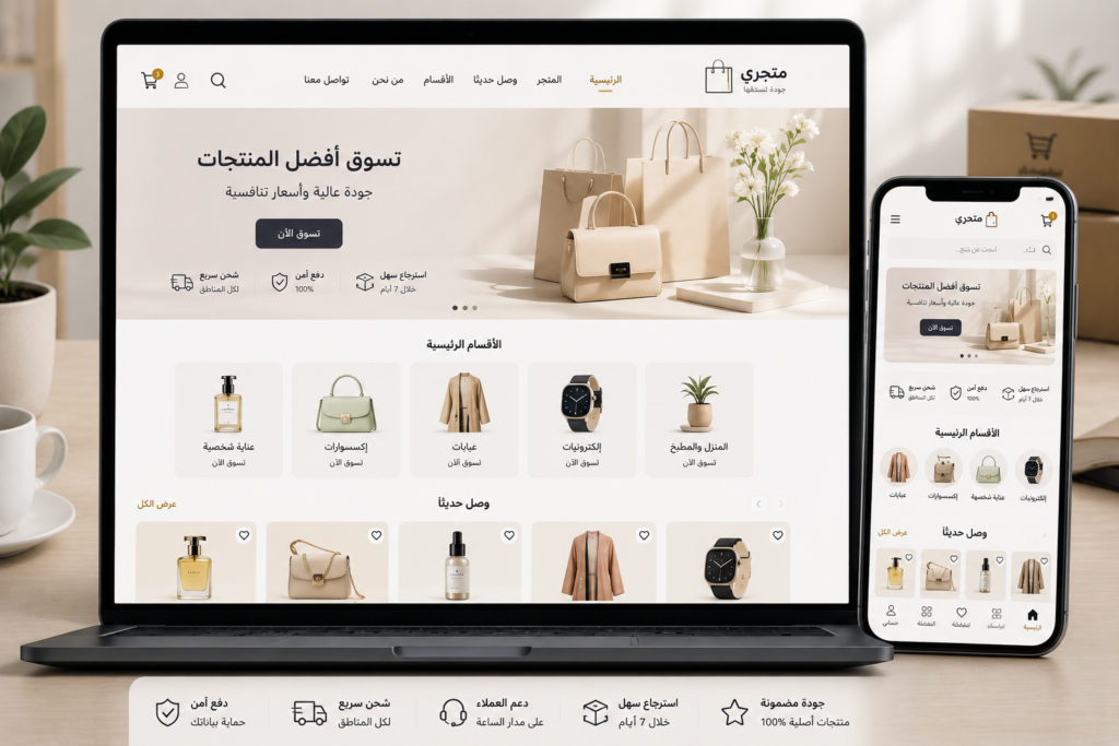 واجهة متجر إلكتروني احترافية تعرض منتجات مرتبة مع صور عالية الجودة وأزرار شراء واضحة ورموز للدفع الآمن والشحن السريع، توضح أهمية التصميم الاحترافي في زيادة ثقة العملاء.