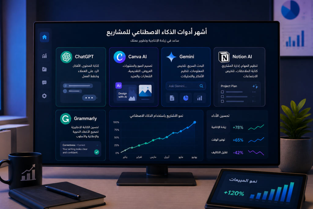 شاشة تعرض أشهر أدوات الذكاء الاصطناعي المستخدمة في إدارة المشاريع مثل ChatGPT وCanva AI وGemini وNotion AI وGrammarly مع رسوم بيانية توضح نمو الإنتاجية والأعمال.