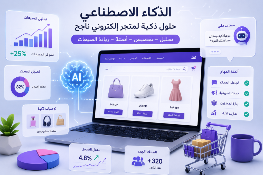 لوحة تحكم توضح استخدام الذكاء الاصطناعي لتحليل بيانات متجر إلكتروني وتحسين المبيعات.