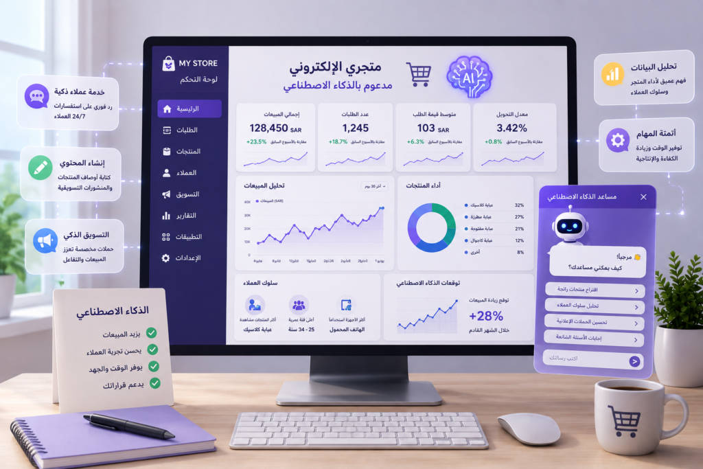 لوحة تحكم تعرض تحليلات المبيعات وسلوك العملاء باستخدام الذكاء الاصطناعي لمساعدة أصحاب المتاجر الإلكترونية على تحسين الأداء وزيادة المبيعات.