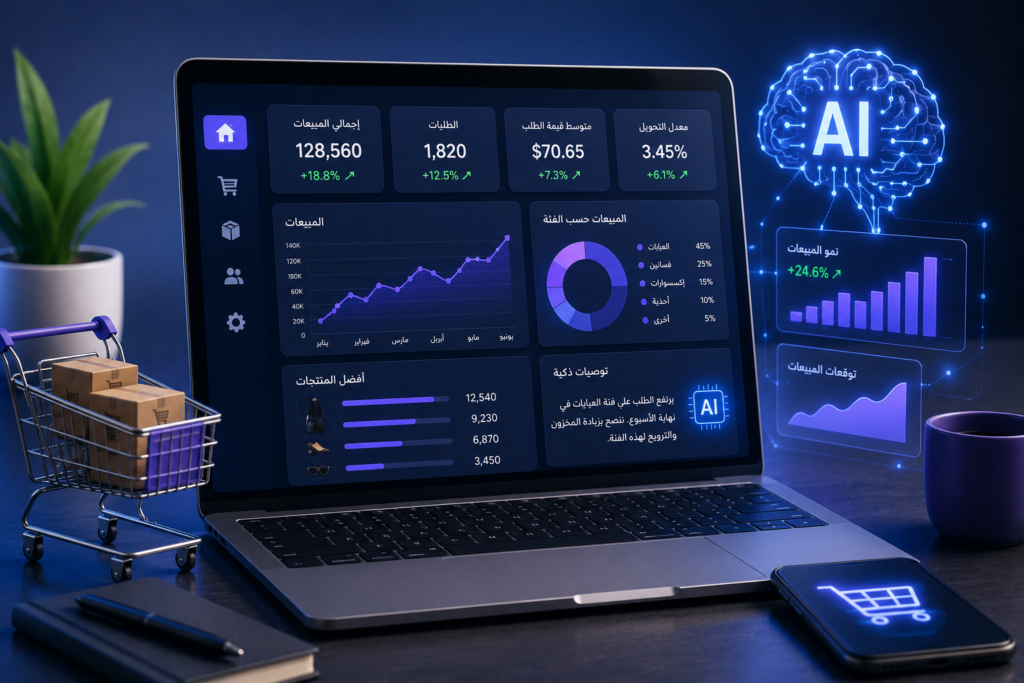 لوحة تحكم لمتجر إلكتروني تعرض تحليلات المبيعات ورسومًا بيانية مدعومة بالذكاء الاصطناعي تساعد أصحاب المشاريع على تحسين الأداء وزيادة الأرباح.