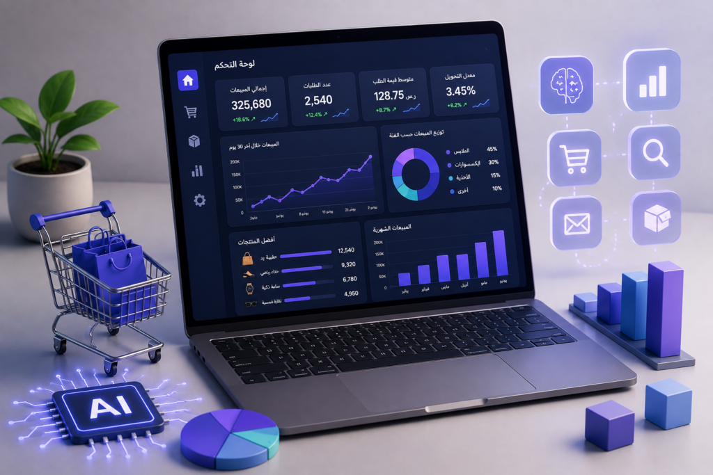 مشهد ثلاثي الأبعاد يعرض جهاز حاسوب محمول يحتوي على لوحة تحكم للمبيعات ورسوم بيانية وأيقونات تمثل أدوات الذكاء الاصطناعي والتجارة الإلكترونية لتحليل الأداء وزيادة الأرباح.