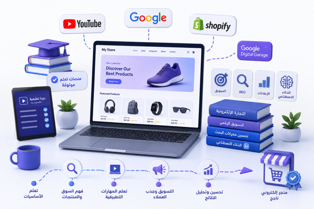 رسم توضيحي يوضح أشهر المصادر المجانية لتعلم التجارة الإلكترونية مثل YouTube وGoogle وShopify مع متجر إلكتروني حديث.