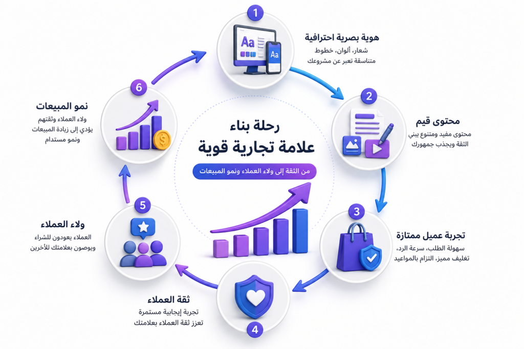 رسم توضيحي ثلاثي الأبعاد يوضح دورة بناء علامة تجارية قوية تبدأ بهوية بصرية احترافية، ثم محتوى قيم، ثم تجربة عميل مميزة، تليها ثقة العملاء وولاؤهم، وتنتهي بنمو المبيعات، مع أسهم دائرية توضح العلاقة بين جميع المراحل.