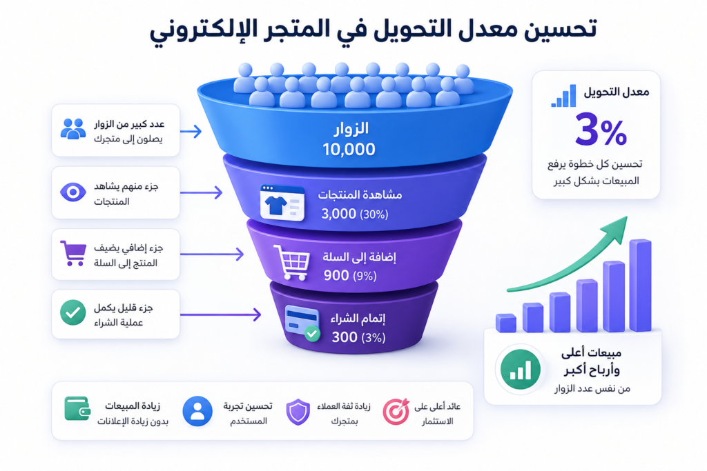 رسم توضيحي يشرح مراحل تحويل زوار المتجر الإلكتروني إلى عملاء من خلال تحسين تجربة المستخدم، بدءًا من زيارة الموقع وحتى إتمام عملية الشراء، مع توضيح زيادة معدل التحويل ونمو المبيعات.