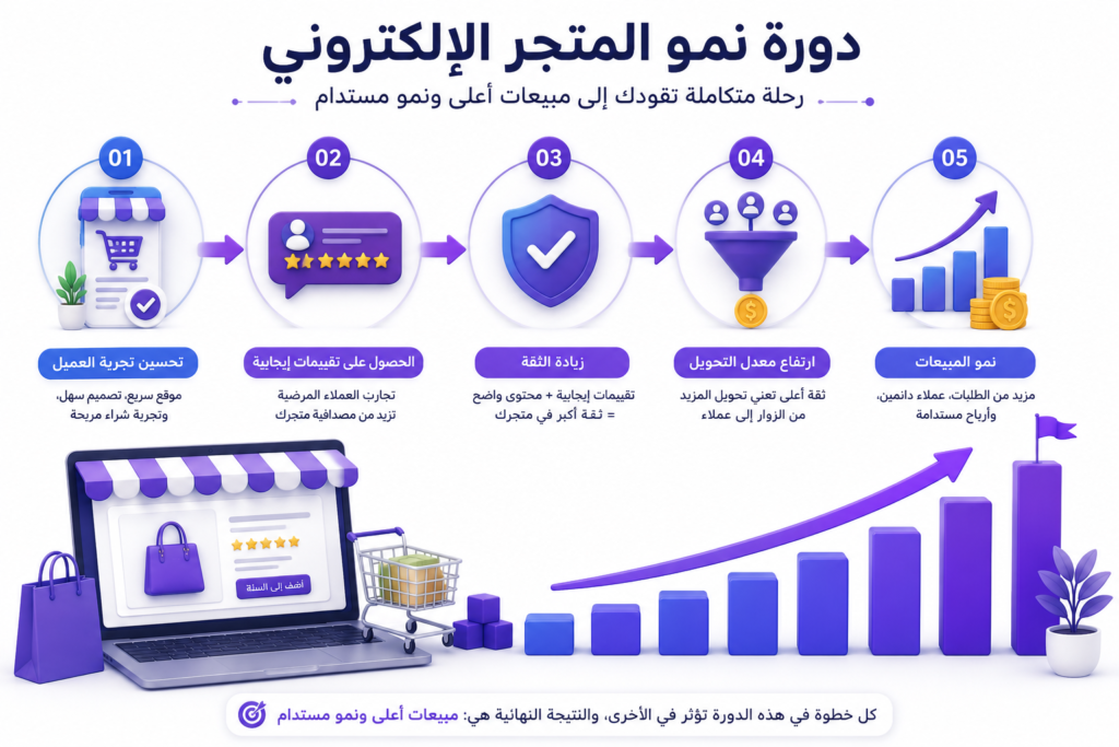 رسم توضيحي يوضح العلاقة بين تجربة العميل وتقييمات العملاء والثقة ونمو مبيعات المتجر الإلكتروني.