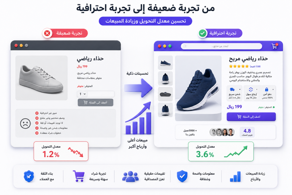 رسم توضيحي يقارن بين صفحة منتج ذات تجربة شراء ضعيفة وصفحة أخرى محسنة باحترافية، مع إبراز تأثير تحسين تجربة المستخدم على زيادة معدل التحويل والمبيعات في المتجر الإلكتروني.