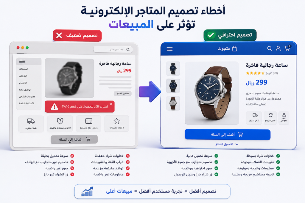 رسم توضيحي ثلاثي الأبعاد يقارن بين متجر إلكتروني بتصميم غير احترافي وآخر بتصميم احترافي، موضحًا تأثير سرعة الموقع، وجودة الصور، وسهولة الاستخدام، ووضوح زر الشراء على زيادة المبيعات وتحسين تجربة المستخدم.