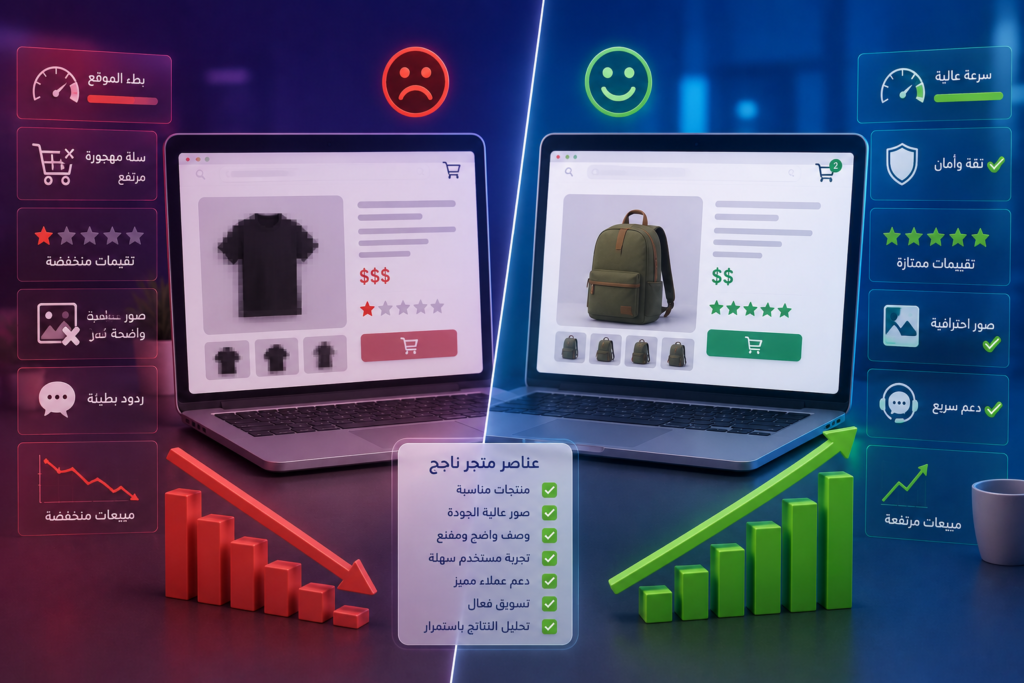 رسم توضيحي يقارن بين متجر إلكتروني يعاني من أخطاء مثل ضعف الصور وبطء الموقع وانخفاض المبيعات، ومتجر إلكتروني ناجح يتميز بصور احترافية وتجربة مستخدم ممتازة ونمو في المبيعات.