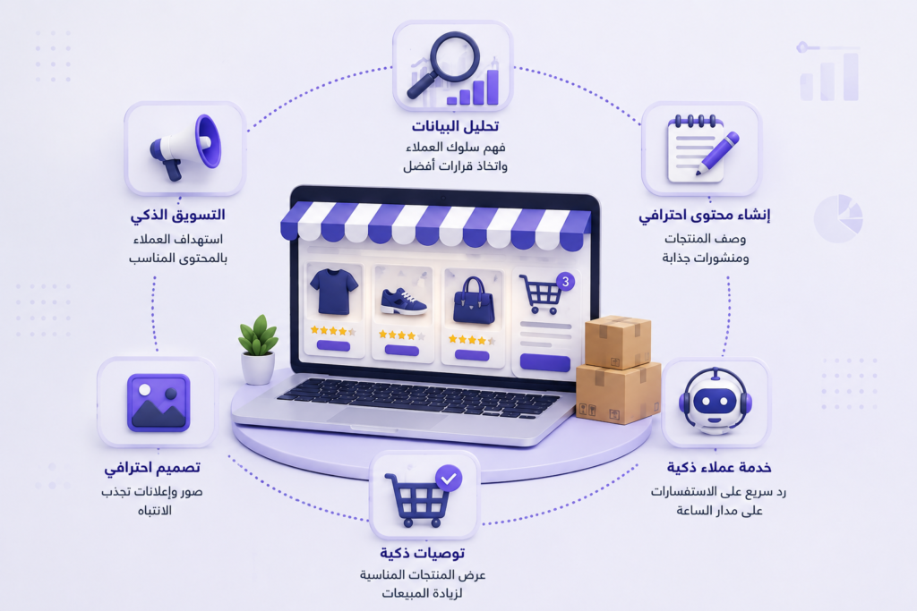 إنفوجرافيك يوضح أهم العوامل التي تساعد على نجاح المتجر الإلكتروني، مثل دراسة السوق، وتحليل البيانات، وإنشاء المحتوى، وخدمة العملاء، والتسويق الذكي.