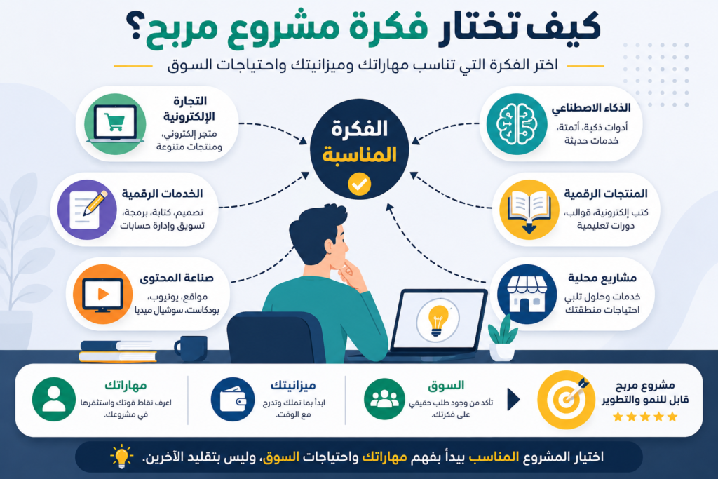 رسم توضيحي يعرض شخصًا يقارن بين عدة أفكار مشاريع مع أيقونات تمثل التجارة الإلكترونية وصناعة المحتوى والخدمات الرقمية والذكاء الاصطناعي مع أسهم توضح عملية اتخاذ القرار