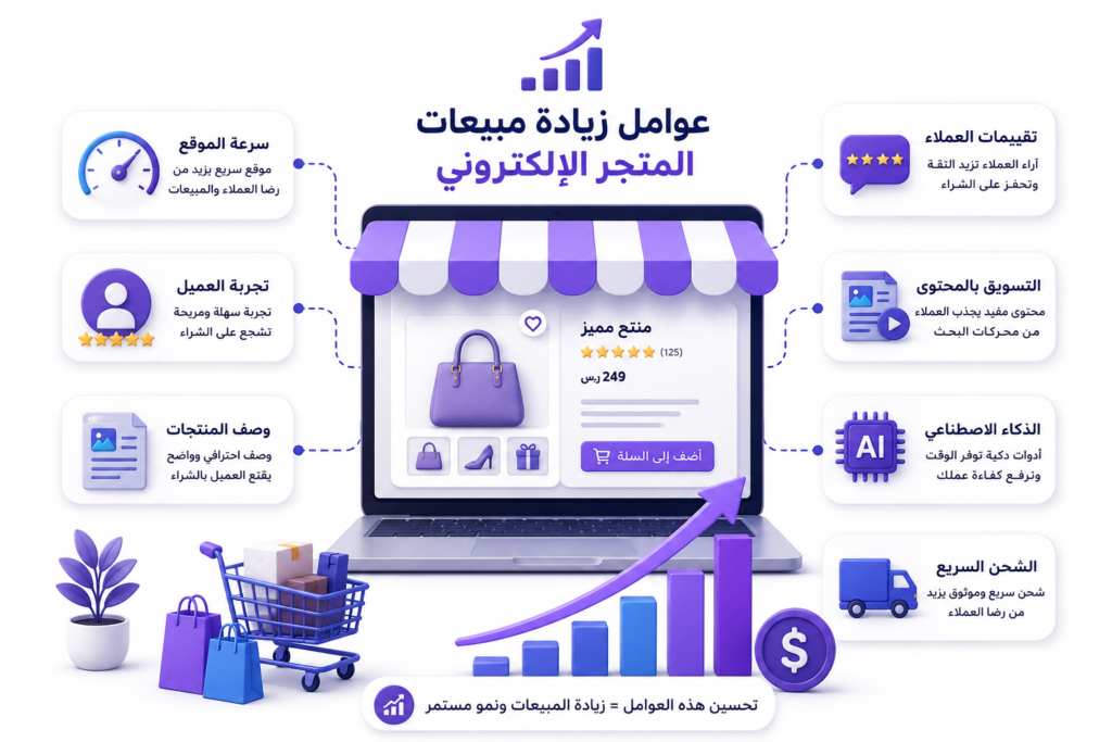 رسم توضيحي يوضح أهم العوامل التي تساعد على زيادة مبيعات المتجر الإلكتروني مثل تجربة العميل ووصف المنتجات والتسويق بالمحتوى.