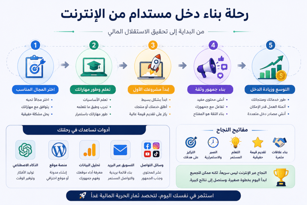 إنفوجرافيك يوضح المراحل الأساسية لبناء دخل مستدام من الإنترنت، بدءًا من اختيار المجال المناسب، وتعلم المهارات، وإطلاق المشروع، وبناء الجمهور، وصولًا إلى زيادة الدخل وتوسيع النشاط.