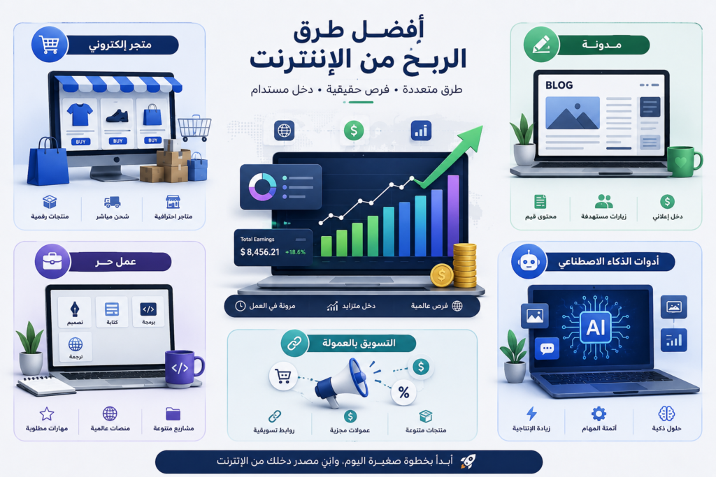 رسم توضيحي يعرض أشهر طرق الربح من الإنترنت للمبتدئين، مثل التجارة الإلكترونية، والمدونات، والعمل الحر، والتسويق بالعمولة، وأدوات الذكاء الاصطناعي، مع رسوم بيانية توضح نمو الدخل.