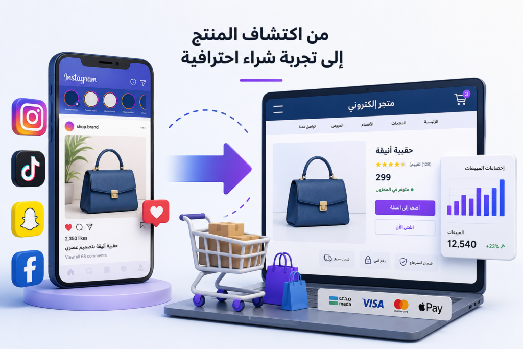 مقارنة توضح الفرق بين البيع عبر وسائل التواصل الاجتماعي والمتجر الإلكتروني، مع انتقال العميل من منصات التواصل إلى متجر إلكتروني احترافي لإتمام عملية الشراء.