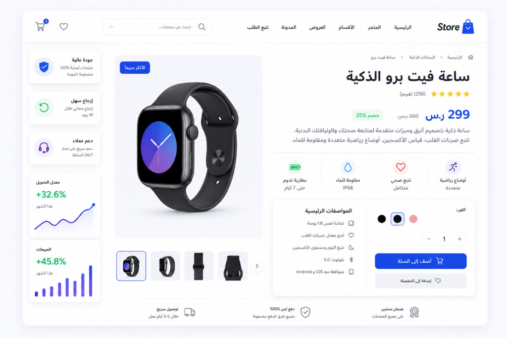 واجهة متجر إلكتروني تعرض مثالًا على وصف منتج احترافي يساعد على زيادة المبيعات وتحسين تجربة العملاء.