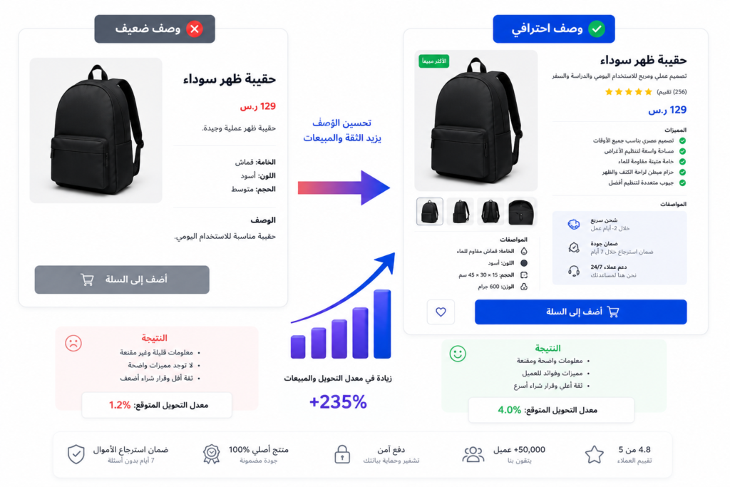 رسم توضيحي يقارن بين صفحة منتج تحتوي على وصف احترافي منظم وصفحة أخرى بوصف ضعيف، مع إبراز تأثير الوصف الجيد في زيادة ثقة العملاء وتحسين معدل التحويل والمبيعات.