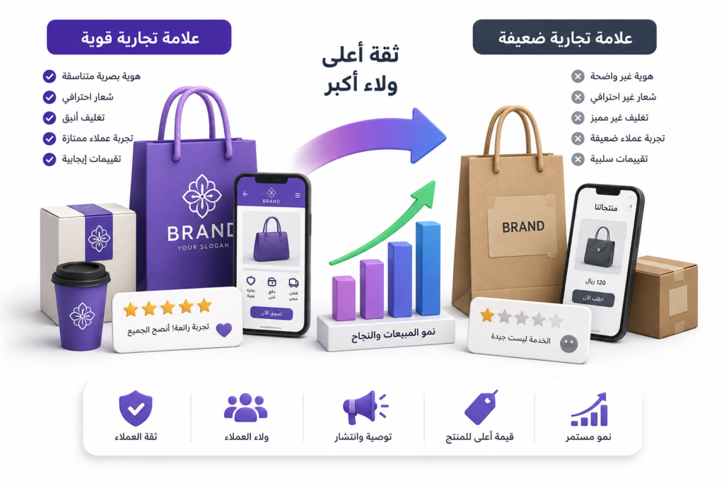 رسم توضيحي ثلاثي الأبعاد يقارن بين علامة تجارية قوية تتميز بهوية بصرية متناسقة وشعار احترافي وتجربة عملاء مميزة، وعلامة تجارية ضعيفة بهوية غير واضحة، مع رسم بياني يوضح زيادة الثقة والولاء ونمو المبيعات.