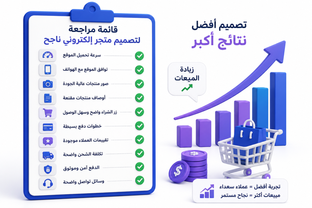 رسم توضيحي ثلاثي الأبعاد يعرض قائمة مراجعة لتصميم متجر إلكتروني ناجح، تشمل سرعة الموقع، توافق الهواتف، صور المنتجات عالية الجودة، أوصاف مقنعة، زر شراء واضح، تقييمات العملاء، والدفع الآمن، مع رسم بياني يوضح زيادة المبيعات.