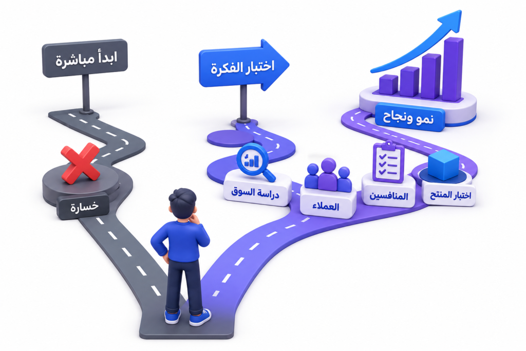 رسم توضيحي ثلاثي الأبعاد يوضح مقارنة بين بدء المشروع مباشرة واختبار فكرة المشروع من خلال دراسة السوق والعملاء والمنافسين قبل الاستثمار.