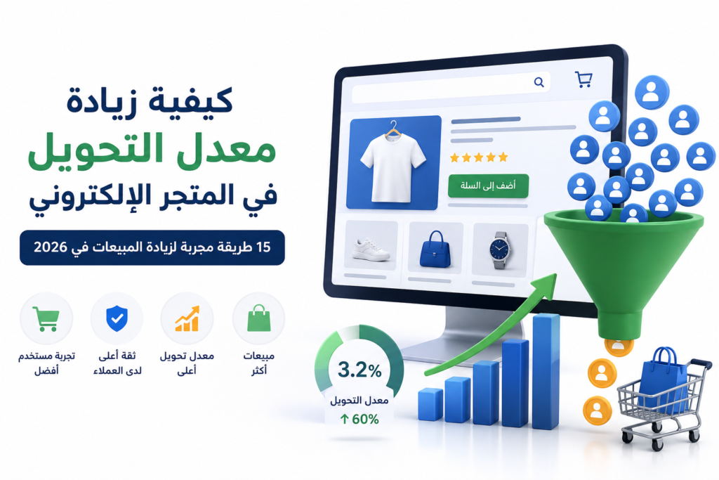 رسم توضيحي لمتجر إلكتروني يوضح زيادة معدل التحويل من خلال تحسين تجربة المستخدم وصفحات المنتجات وتحويل المزيد من الزوار إلى عملاء.
