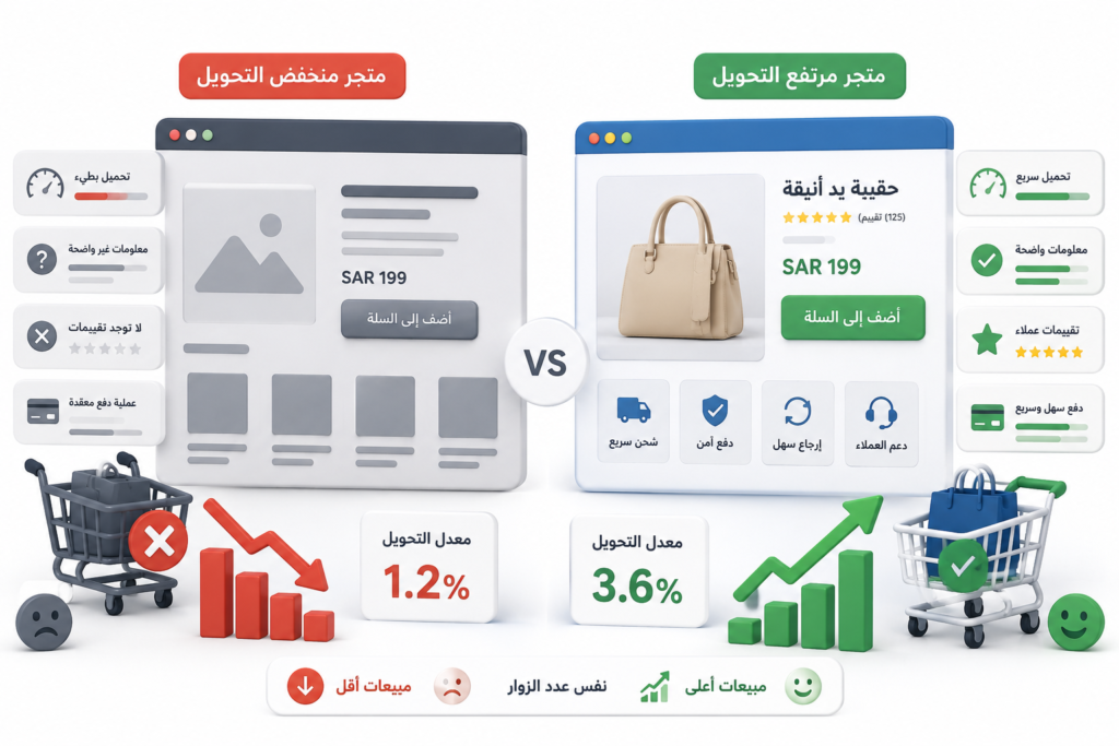 رسم توضيحي ثلاثي الأبعاد يقارن بين متجر إلكتروني منخفض معدل التحويل وآخر مرتفع معدل التحويل، موضحًا تأثير تحسين تجربة المستخدم وسهولة الشراء على زيادة المبيعات.